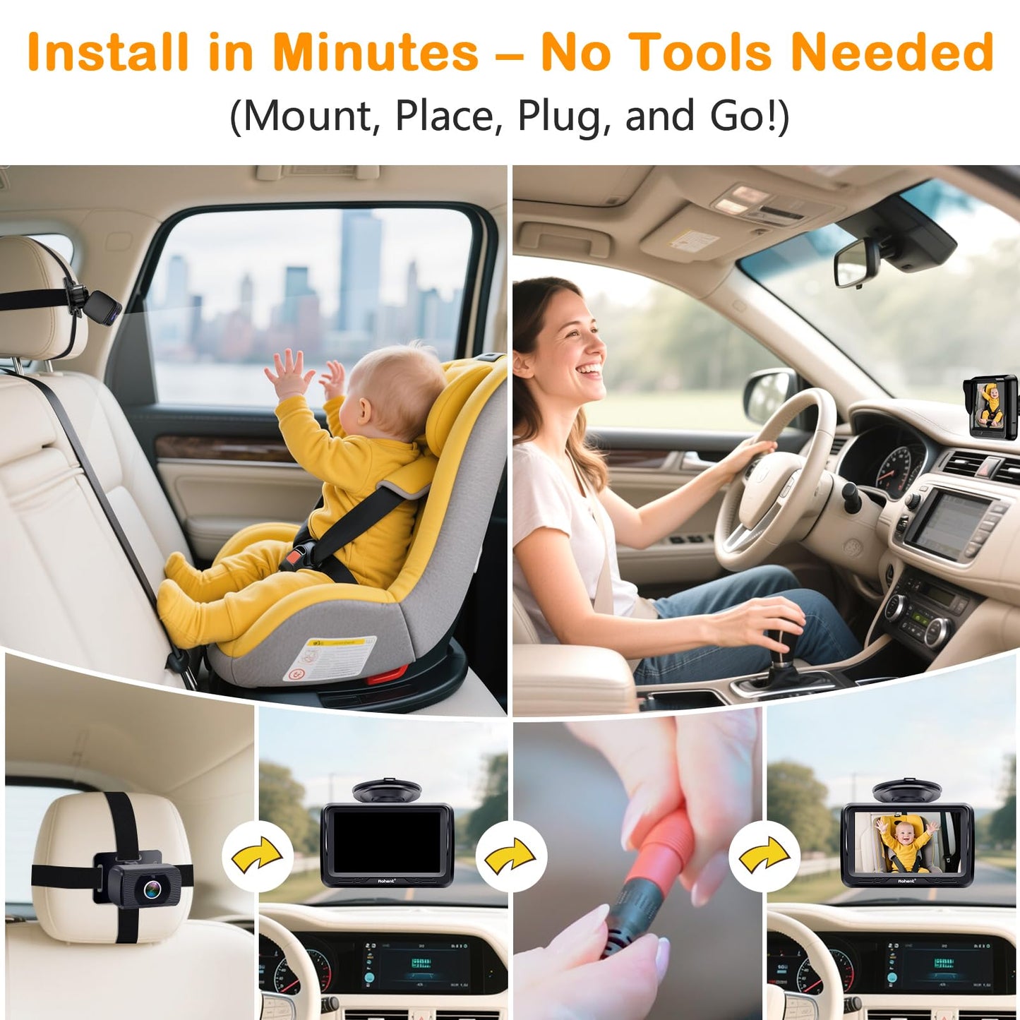 Rohent Baby Car Camera HD 1080P for Backseat: USB Plug and Play Easy to Install - Carseat Camera Rear Facing Infant Crystal Night Vision - Wide View Angle Car Baby Monitor for Newborn