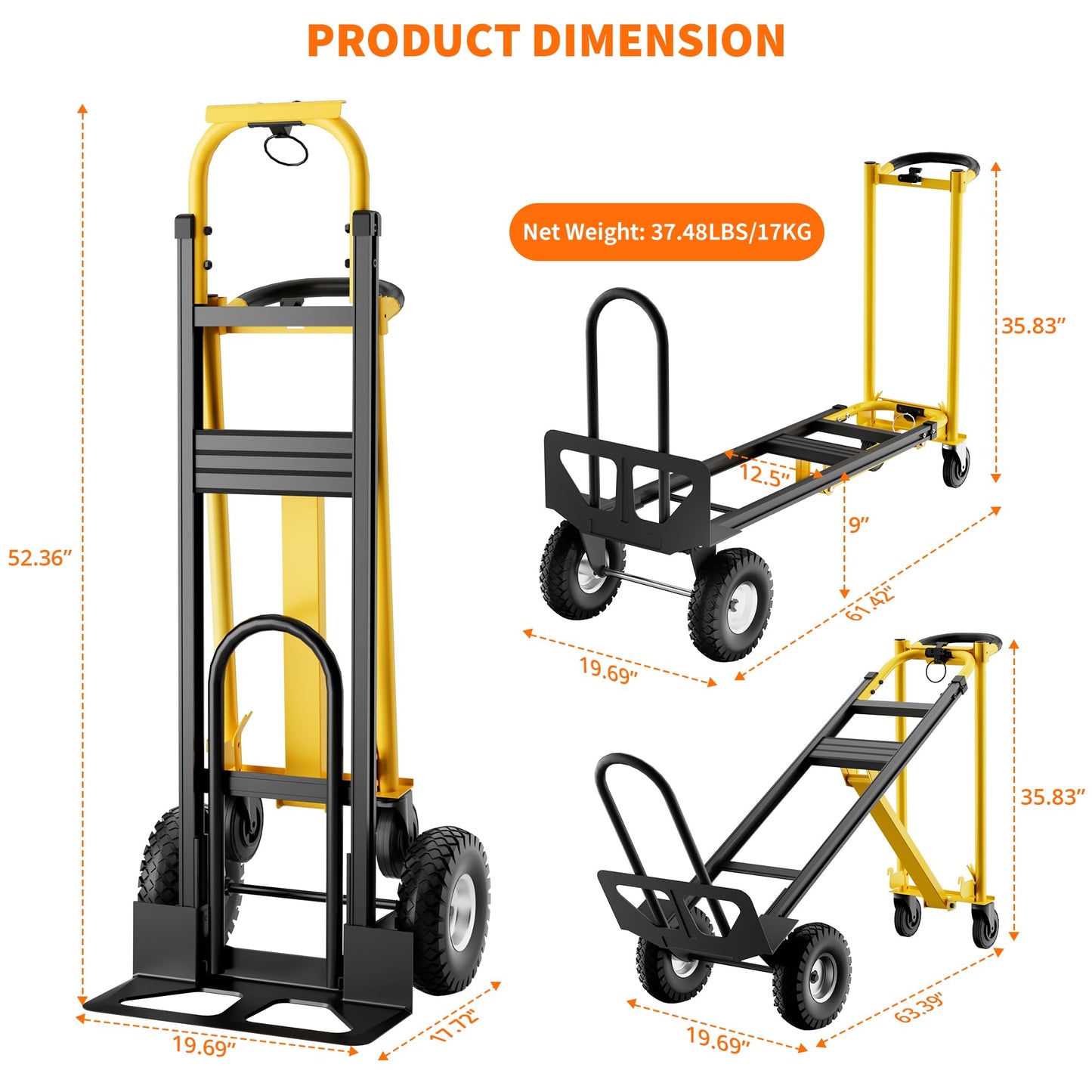 3-in-1 Heavy Duty Convertible Hand Truck, 800 lbs Capacity Dolly Cart with Wheels, Foldable Dolly Cart Converts from Hand Truck Dollys to Platform Carts, for Moving, Shopping, Travel(Yellow+Black)