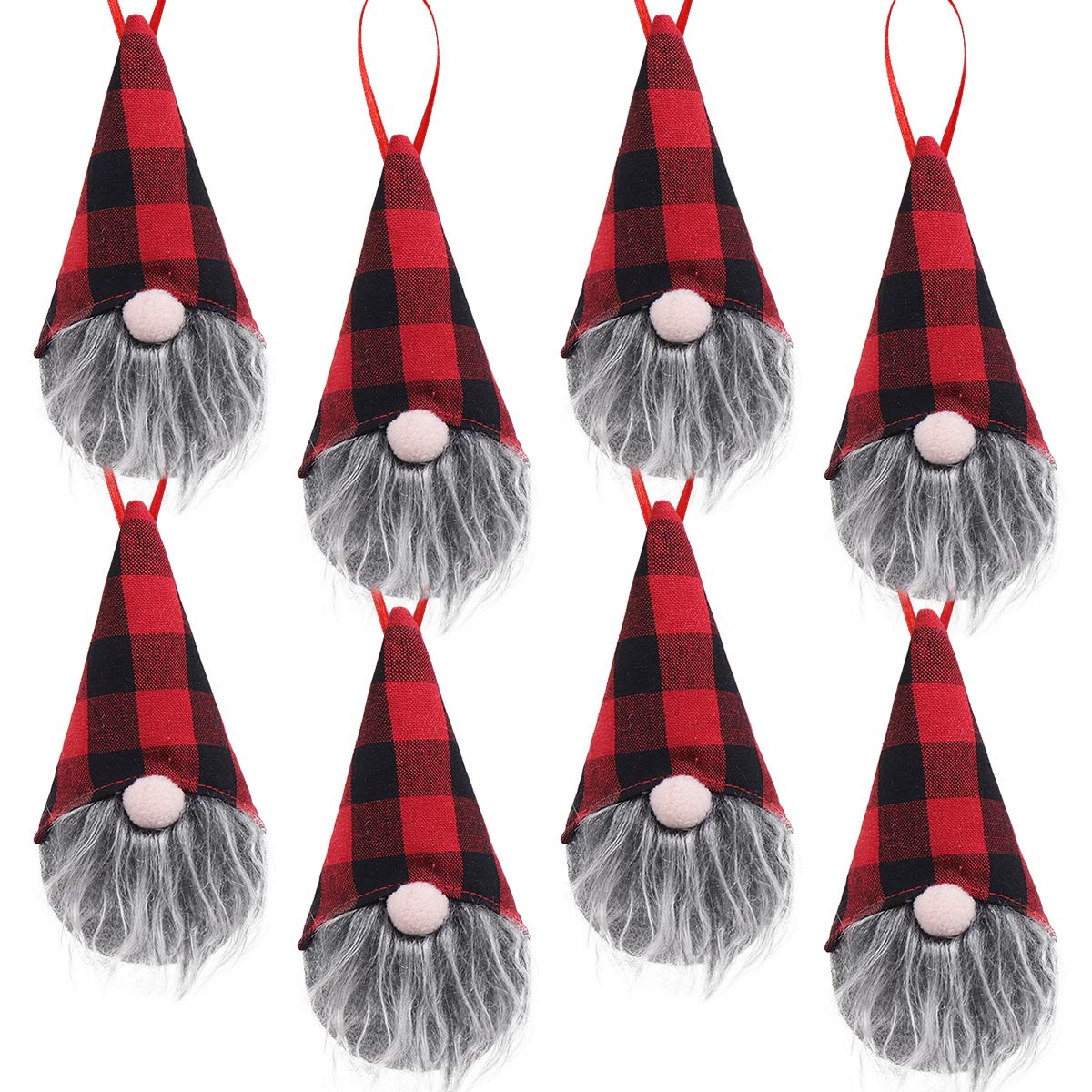 Ivenf 8 Pack 5.5 Inch Handmade Plush Tomte Gnome Hanging Ornaments, Swedish Scandinavian Santa with Buffalo Check Plaid Hat, Christmas Decorations