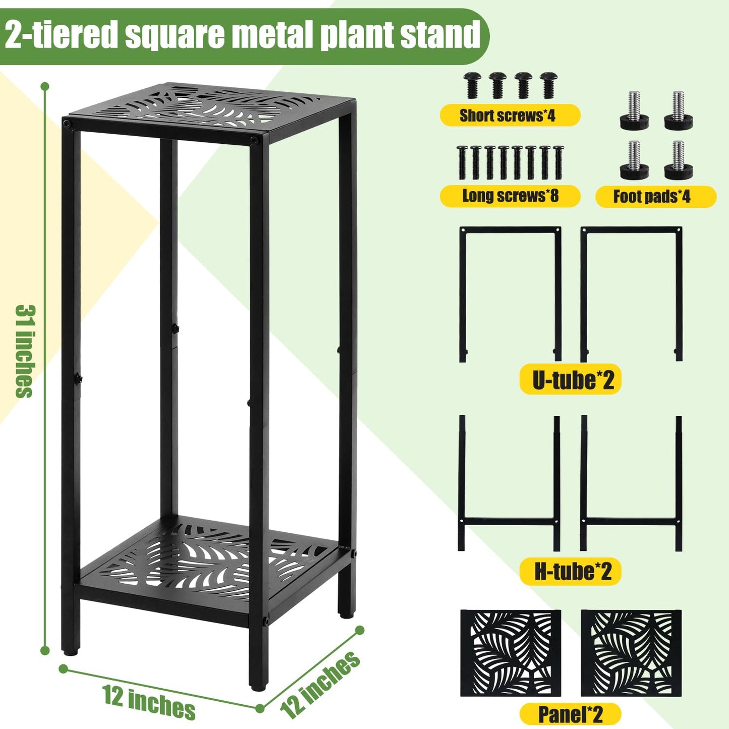 Party Zealot 2-Tier Tall Metal Square Plant Stand 31" Heavy-Duty Modern Flower Pot Rack for Indoor Living Room, Corner Side Table for Outdoor Patio, Garden, and Balcony Black, Leaf