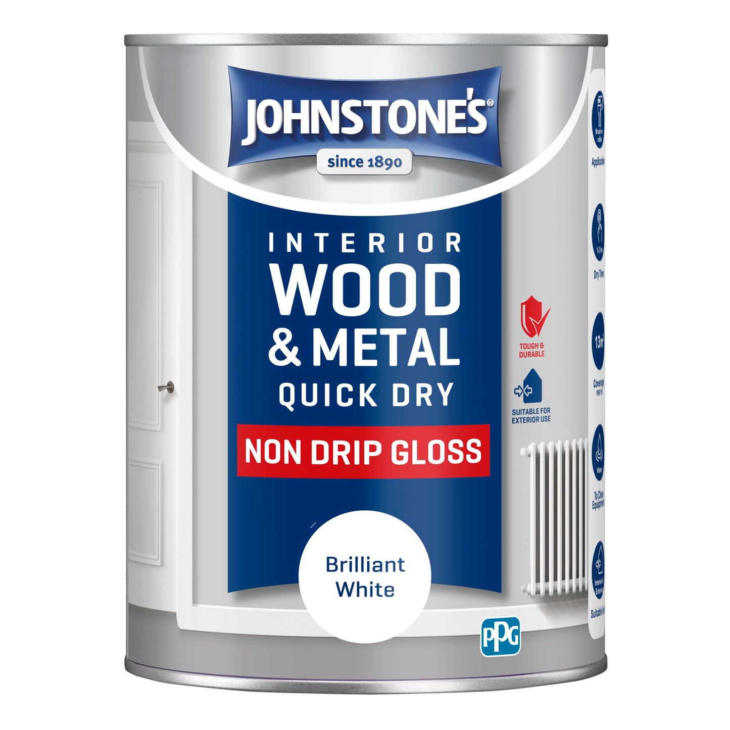 Johnstone's - Wood & Metal Paint - Gloss Finish - Brilliant White - 1.25l - Water Based - Non Drip & Quick Drying - Radiator Paint - Low Odour - Dry in 1-2 Hours - 8m2 Coverage per Litre