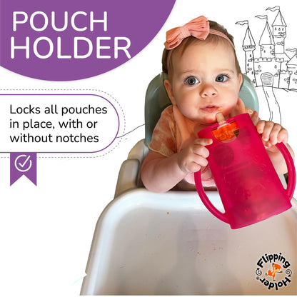 Flipping Holder 2-in-1 Baby Food Pouch & Juice Box Holder (2-pack) - No-Squeeze, Food-Safe Container with easy-grab Handles & Lid Fits GoGo, Capri Sun, Juice, Yogurt, & More