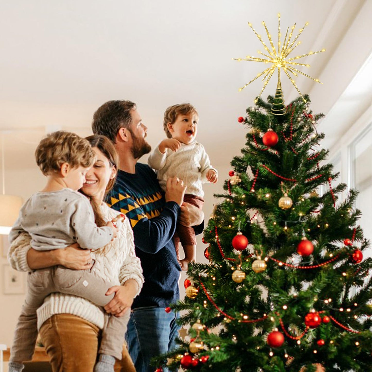 Obralitic 15 Inch Christmas Tree Star Topper with 150 LED Timer Lights & Remote, 19-Point USB Powered Lighted Gold Starburst Star Tree Topper for Indoor Holiday Party Xmas Tree Decor