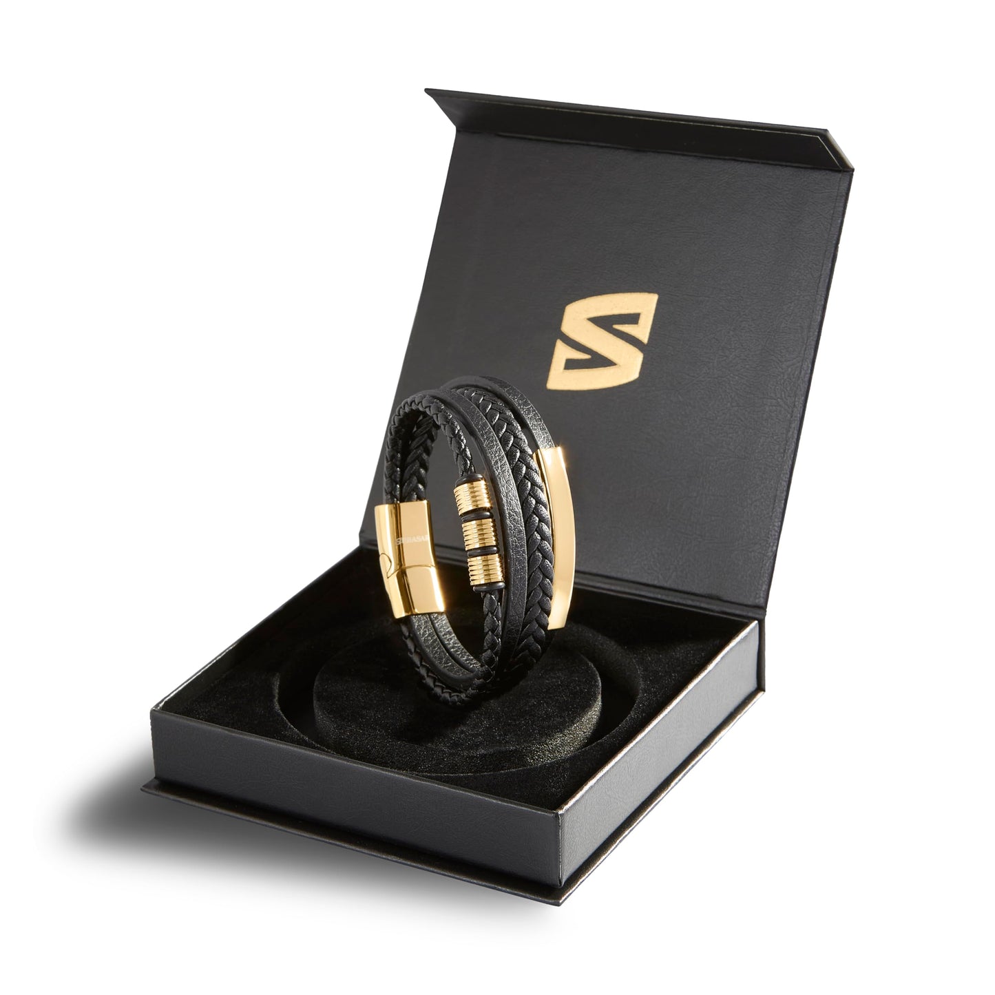 SERASAR Men's Bracelets 20cm Gold Gift Box Genuine Cowhide Leather Braided Adjustable Magnetic Clasp Multilayer Jewelry Rope Male Band Accessories