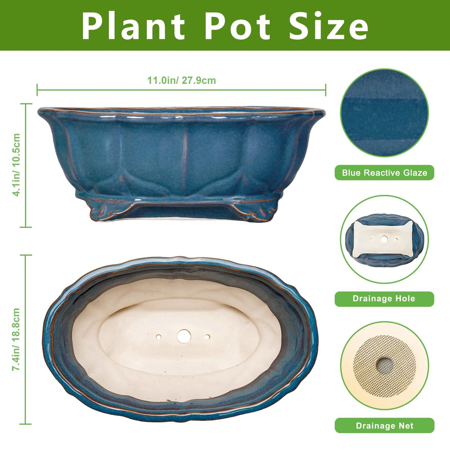 Teagas Bonsai Tree Pot - 11 Inch Ceramic Succulent Pots, Bonsai Planter for Indoor Outdoor, Decorative Plant Pot with Drainage Hole, Oval Flower Pot, Home Garden Decor, Garden Gifts, Retro Blue