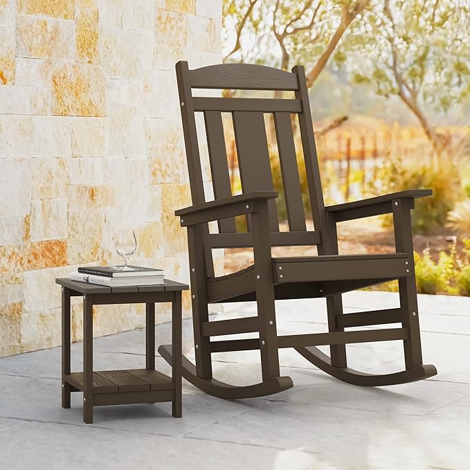 LUE BONA Outdoor Rocking Chairs Set of 2, Weather Resistant HDPS Poly Rocker Chairs, 350lb Heavy Duty, Oversized Porch Rocker for Adult, High Back Smooth Rocking Chair for Outdoor & Indoor, Brown
