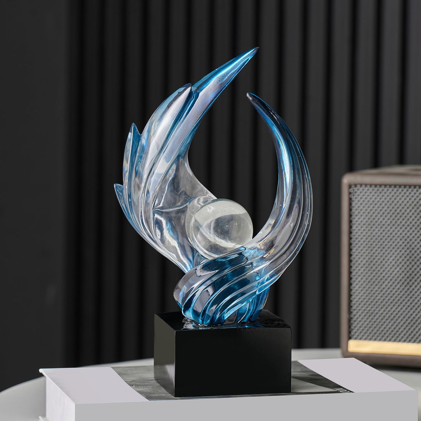 Modern Abstract Resin Sculpture, 11" H x 5.1" W Transparent Navy Blue Art Statue for Home Decor, Office Desk Living Room Bookshelf TV Stand Centerpiece Decorations, Unique Gift Idea