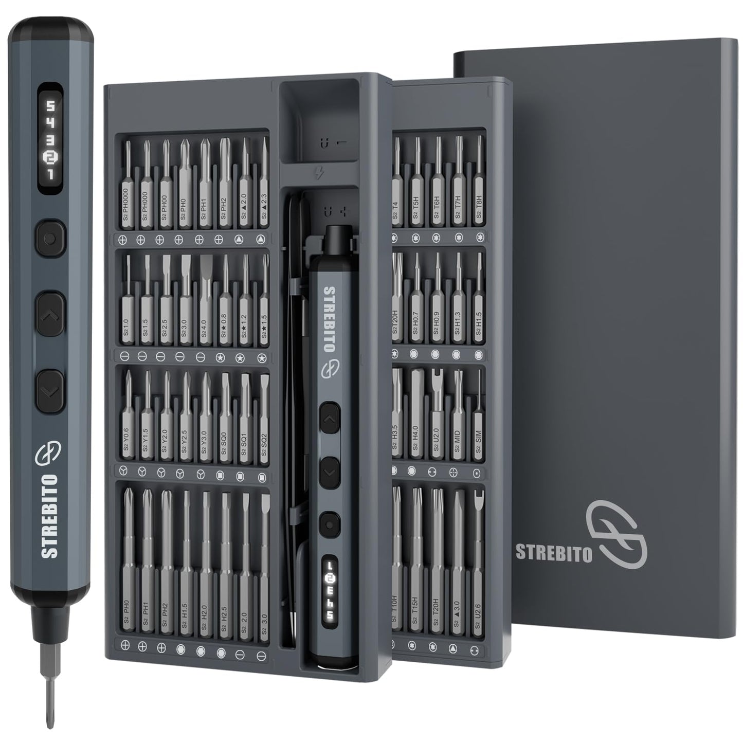 STREBITO Mini Electric Screwdriver Set, 70-in-1 Max Precision Electric Screwdriver Kit with Lights, 5 Upgraded Torque Levels, 64 Magnetic Bits, Electric Screwdriver Cordless for PC RC Electronics