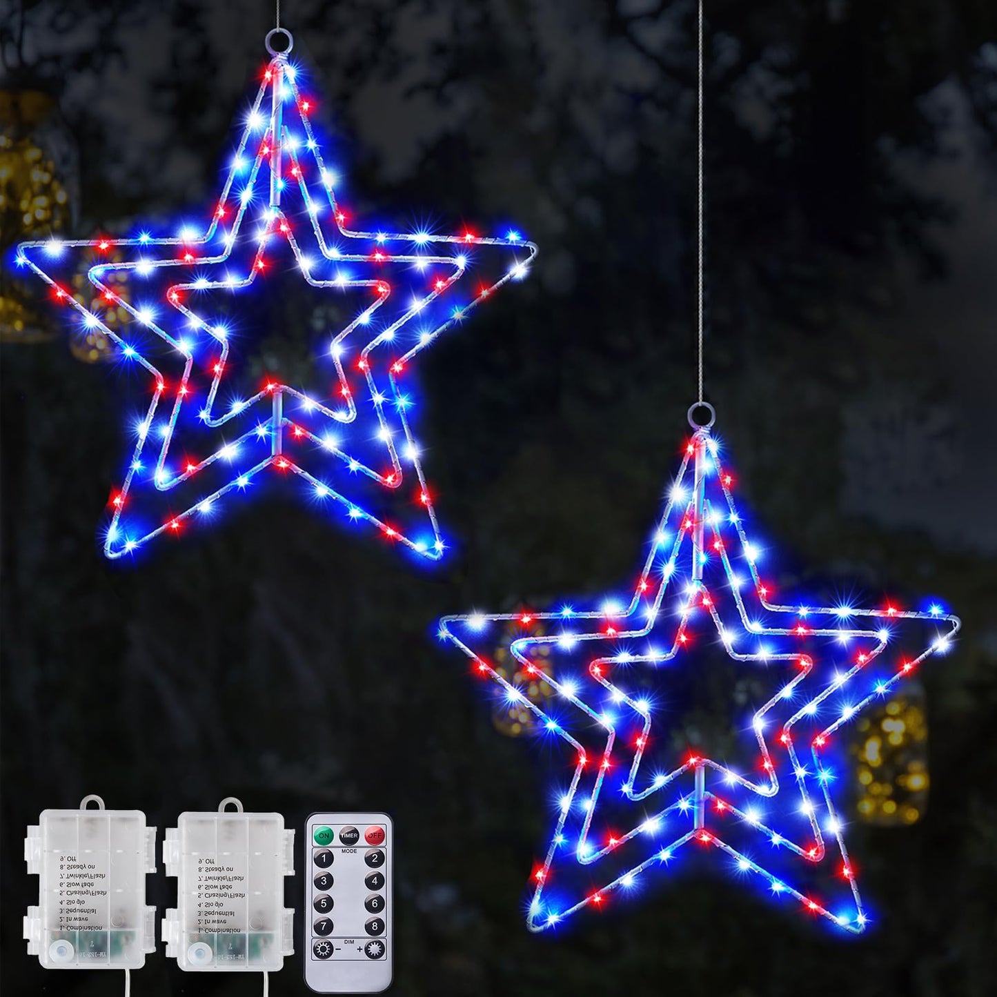 BlcTec 4th of July Decorations, 3 Layers of 14inch Red White Blue Big Stars with Rotatable Function, Durable Metal Frame Patriotic Stars Lights with Remote, 8 Modes & Timer for July 4th Decor, 2 Packs