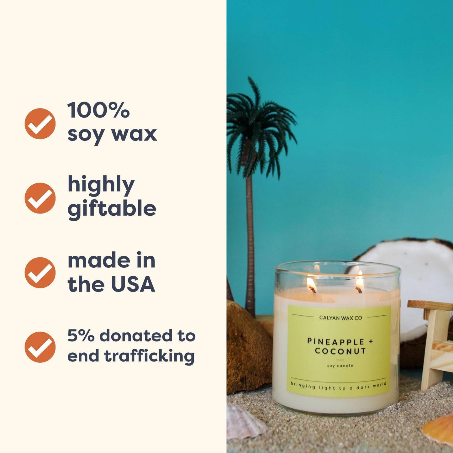 Calyan Wax Co. Pineapple & Coconut 2 Wick Scented Candle - 37 Hour Burn - Luxury Clean Soy Wax Candles - Long Lasting Large Glass Jar Candle for Home - 8.8oz