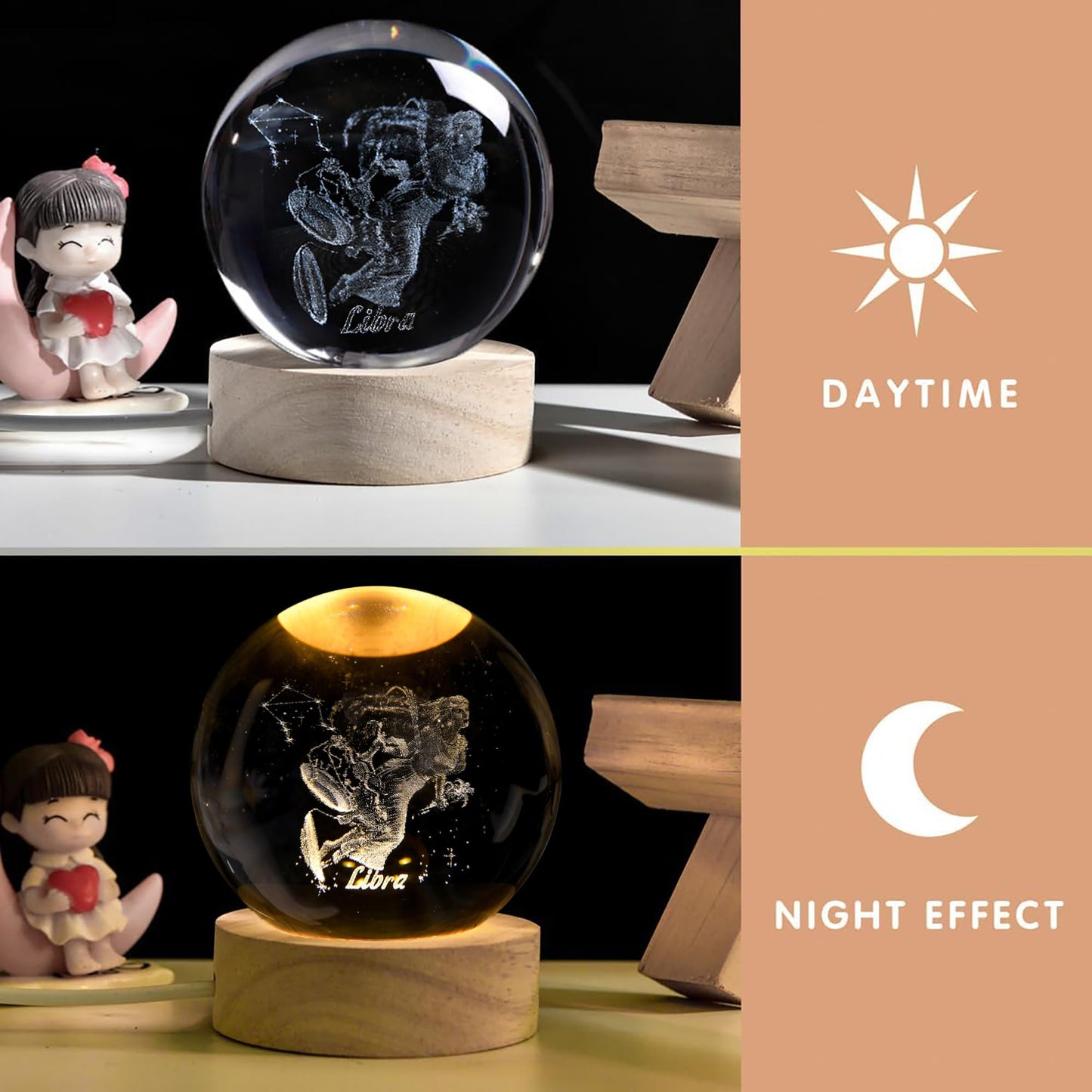 QIANCHANG 3D Laser Etched Libra Crystal Ball with LED Light Stand, Constellation Decor Glass Sphere Lamp, Zodiac Astrology Birthday Gifts for Women Kids