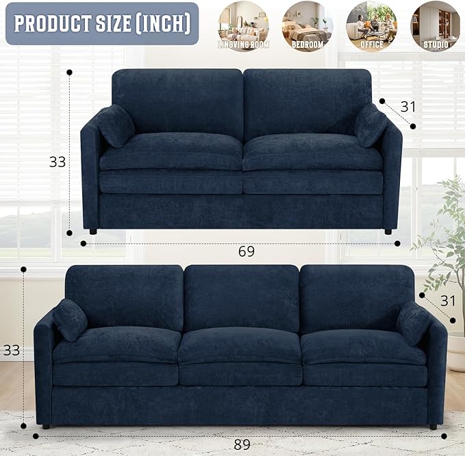 Classic Chenille Sofa Set with 2 Extra Armrest Pillows, Loveseat and 3-Seat