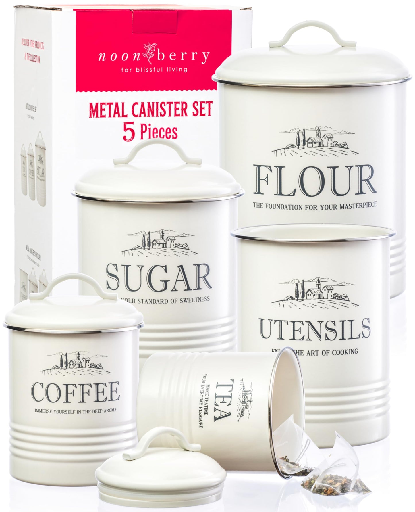 noonberry Kitchen Canisters for Countertop - 5-Piece Airtight Flour Sugar Coffee Tea Kitchen Canister Set with Utensil Holder - Sugar and Flour Containers for Kitchen Counter, Cream-White Finish