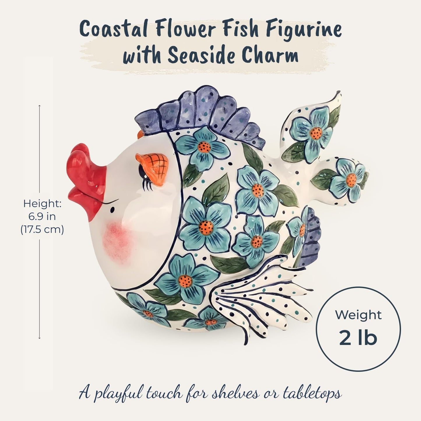 Blue Sky Clayworks Coastal Flower Fish Figurine, 9.5-inch Length, Blue, Tabletop Decoration