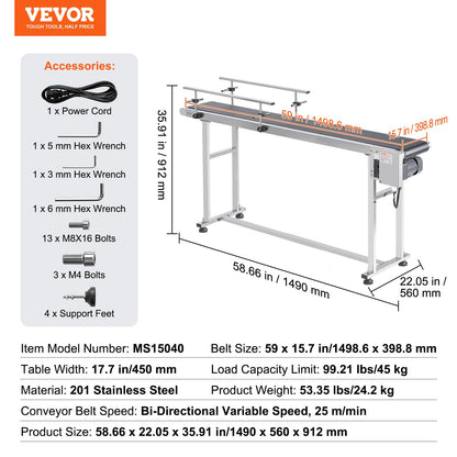 VEVOR Belt Conveyor, 59 x 15.7 inch ConveyorTable, Heavy Duty Stainless Steel Motorized BeltConveyor for Inkjet Coding Applications Powered PVCBelt Anti-Static Adjustable Speed (Double Guardrail)