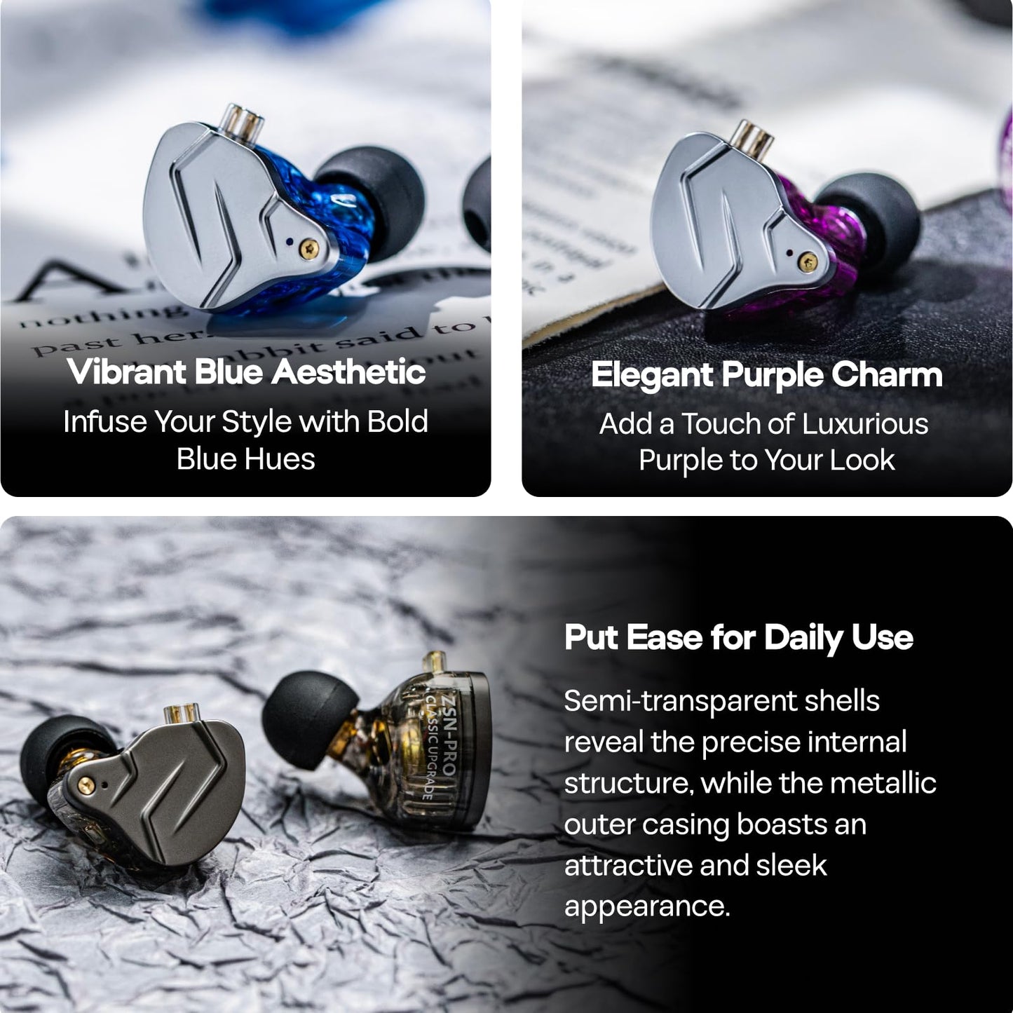 Linsoul KZ ZSN Pro Dual Driver 1BA+1DD Hybrid Metal Earphones HiFi in-Ear Monitor with Detachable Recessed 2Pin Cable, Zin Alloy Panel (Without Mic, Blue)