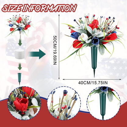 Memorial Day Flowers for Cemetery 2 Sets Artificial Patriotic Cemetery Flowers Red White Blue Roses with Berries & Lamb's Leaves for 250th Anniversary USA 4th of July Memorial Day Grave Outdoor Decor
