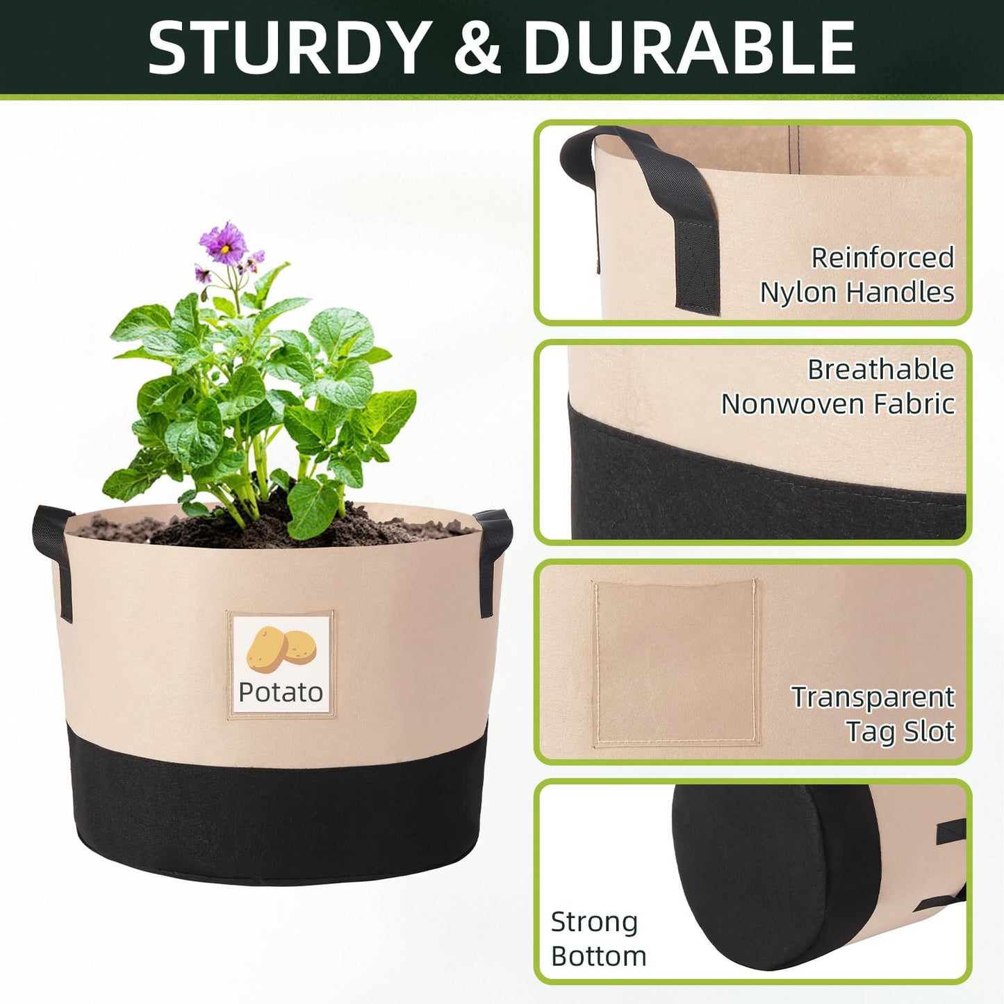 LITLANDSTAR 15 Gallon Fabric Grow Bags, 10 Pack Heavy Duty Thickened Nonwoven Plant Grow Bags with Handles and Label Bags, Fabric Plant Pots for Growing Vegetables Flowers Herbs (Black Mixed Camel)