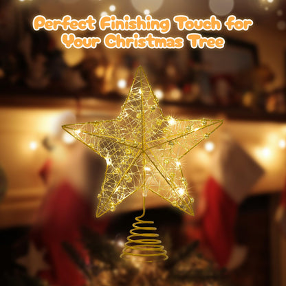 Athoinsu Light up Christmas Tree Topper Star 10 Inch Gold Glitter Christmas Ornaments Decoration with Warm LED Lights, Xmas Tree Topper Ornament for Holiday Christmas Party Home Decor