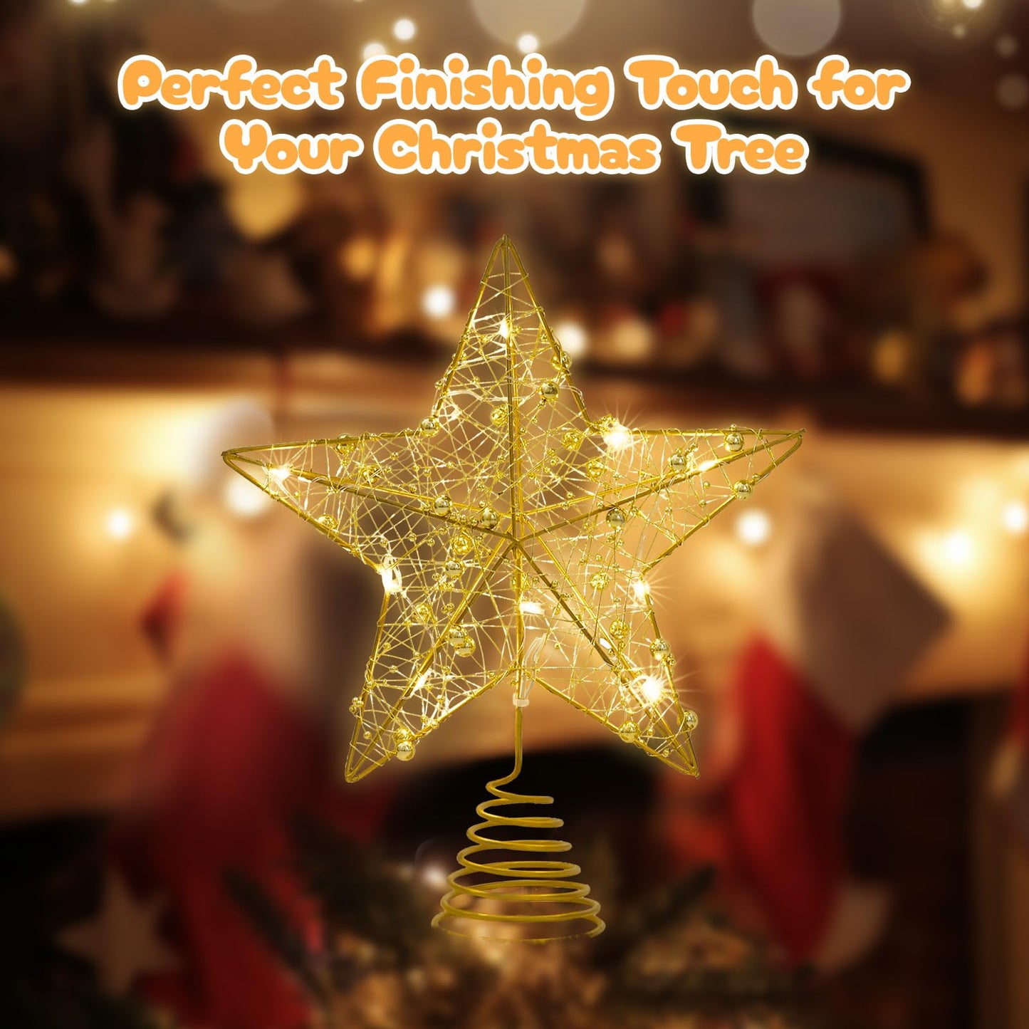 Athoinsu Light up Christmas Tree Topper Star 10 Inch Gold Glitter Christmas Ornaments Decoration with Warm LED Lights, Xmas Tree Topper Ornament for Holiday Christmas Party Home Decor