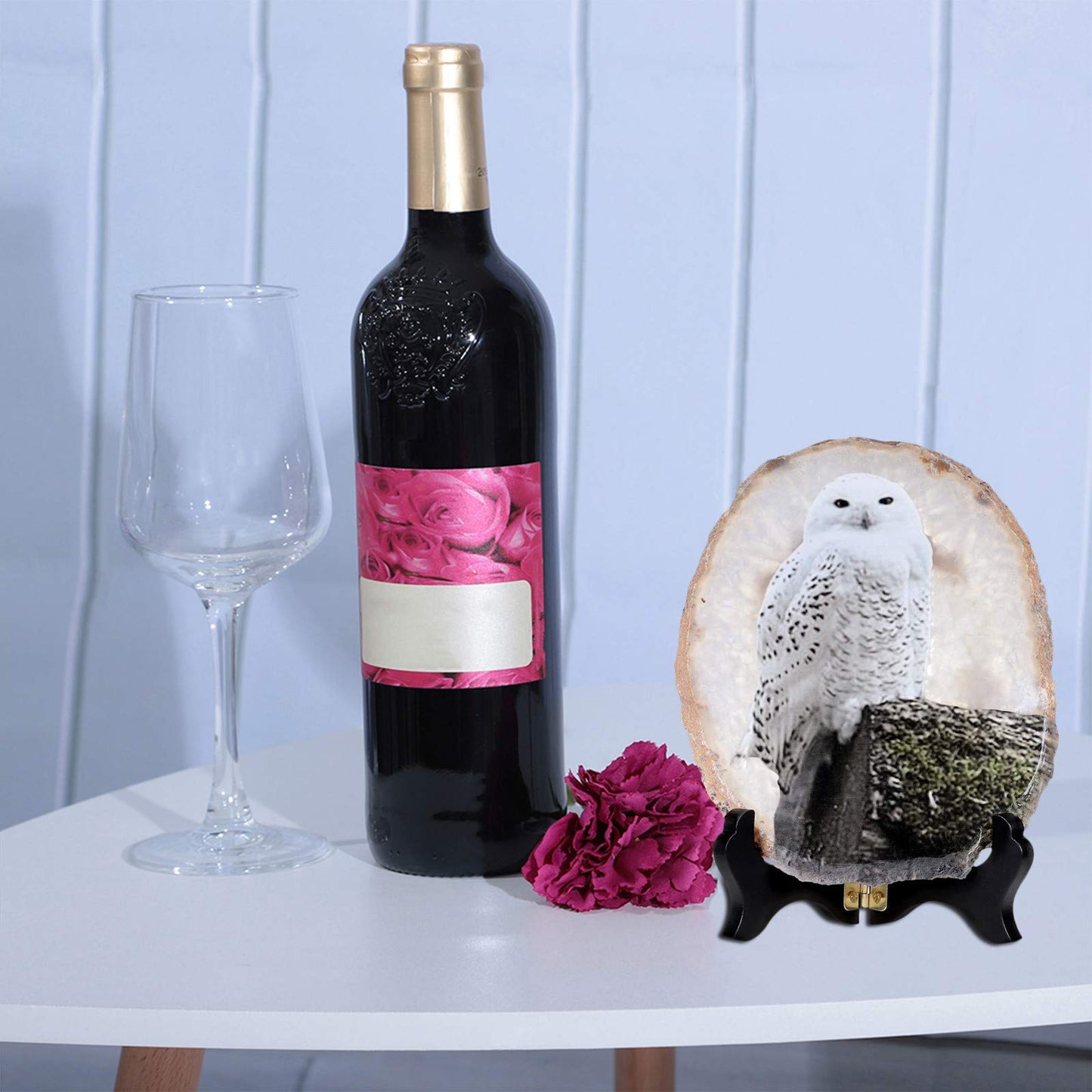 mookaitedecor Natural Agate Slice Art Print Snowy Owl Table Display with Wooden Stand, Irregular Agate Geode Stone Figurine for Office & Home Decoration
