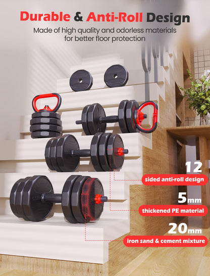 Adjustable Dumbbells, 20/30/40/55/60/70/80/90lbs Free Weights Dumbbells Convertible 2 or 3 in 1 Set Used as Barbell, Kettlebells, A Pair of Lightweight for Home Gym
