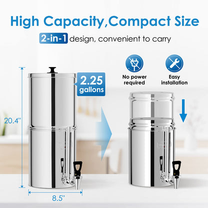 Waterdrop TK Gravity Water Filter System with Sight Glass Spigot, NSF/ANSI 42&372 Standard, PFAS, Chlorine and Lead Reduction, Stainless-Steel Water System for Home, Travel, Emergencies, 2.25G