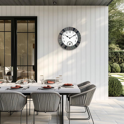 Presentime & Co 14" Illuminated in/Outdoor Clock with Smart Sensor and Night Light, Waterproof, Large Wall Clock with Thermometer, for Garden and Patio -Faux Slate.