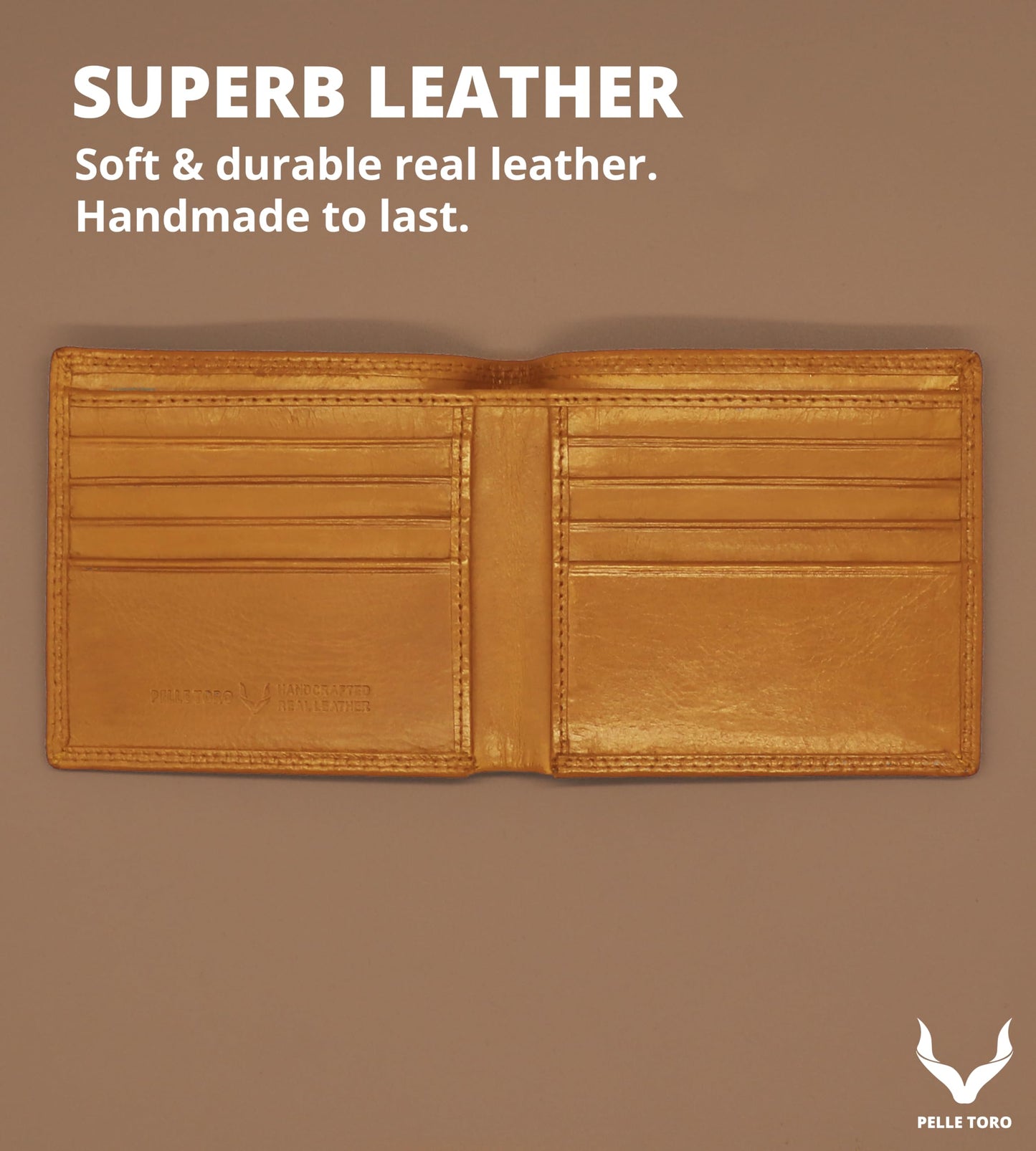 PELLE TORO Minimalist Slim Mens Wallet, Handmade Real Leather Card Wallet with RFID Blocking, 10 Card Holder Slots & Note Section, Tan