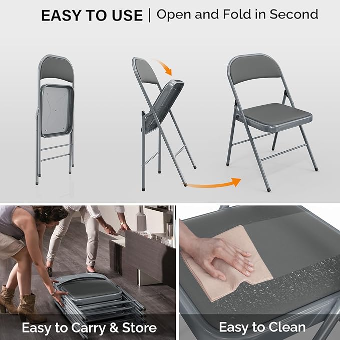 VINGLI 6 Pack Folding Chairs with Padded Seats, Metal Frame with Pu Leather Seat & Back, Capacity 350 lbs, Gray