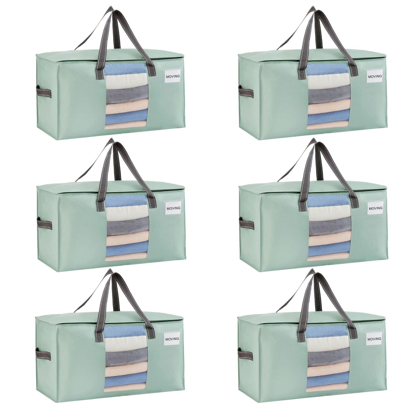 VENO 6 Pack Heavy Duty Moving Bags, Clothes and Comforter Storage Bags with Clear Window, College Dorm Essentials Packing Supplies, Foldable Boxes Alternative (Light Green Matte, 6 Pack)