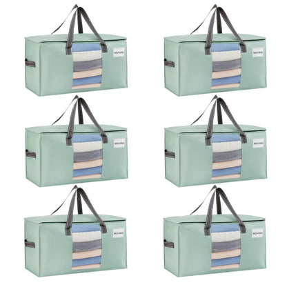 VENO 6 Pack Heavy Duty Moving Bags, Clothes and Comforter Storage Bags with Clear Window, College Dorm Essentials Packing Supplies, Foldable Boxes Alternative (Light Green Matte, 6 Pack)
