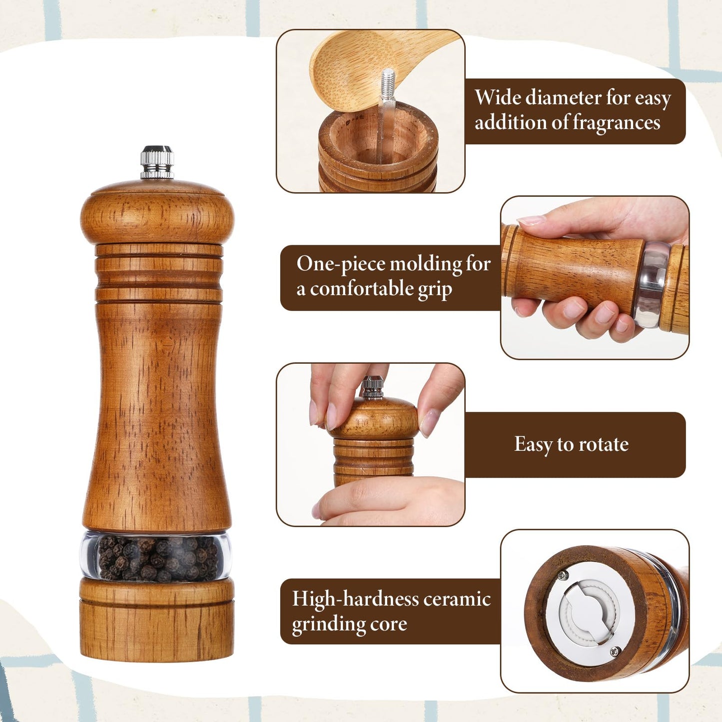 MySHUCE 2 Pack Wooden Salt and Pepper Grinder With Salt & Pepper Mill Tray, Adjustable Ceramic Grinding Rotor Manual Spice Grinder Refillable Salt Mill Sets with Acrylic Visible Window for Home Cooks
