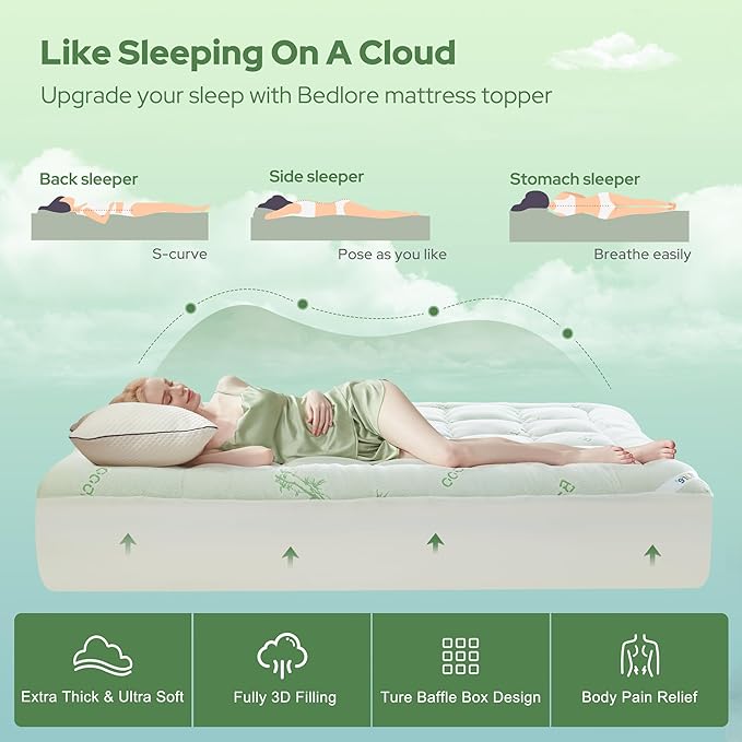 BEDLORE King Mattress Topper Viscose Derived from Bamboo, Thick Pillow Top