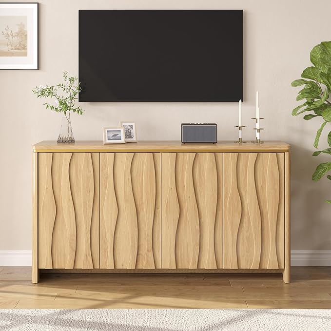 Fluted Cabinet with 3D Ripple Doors, 57.9" W Storage Cabinet with Adjustable