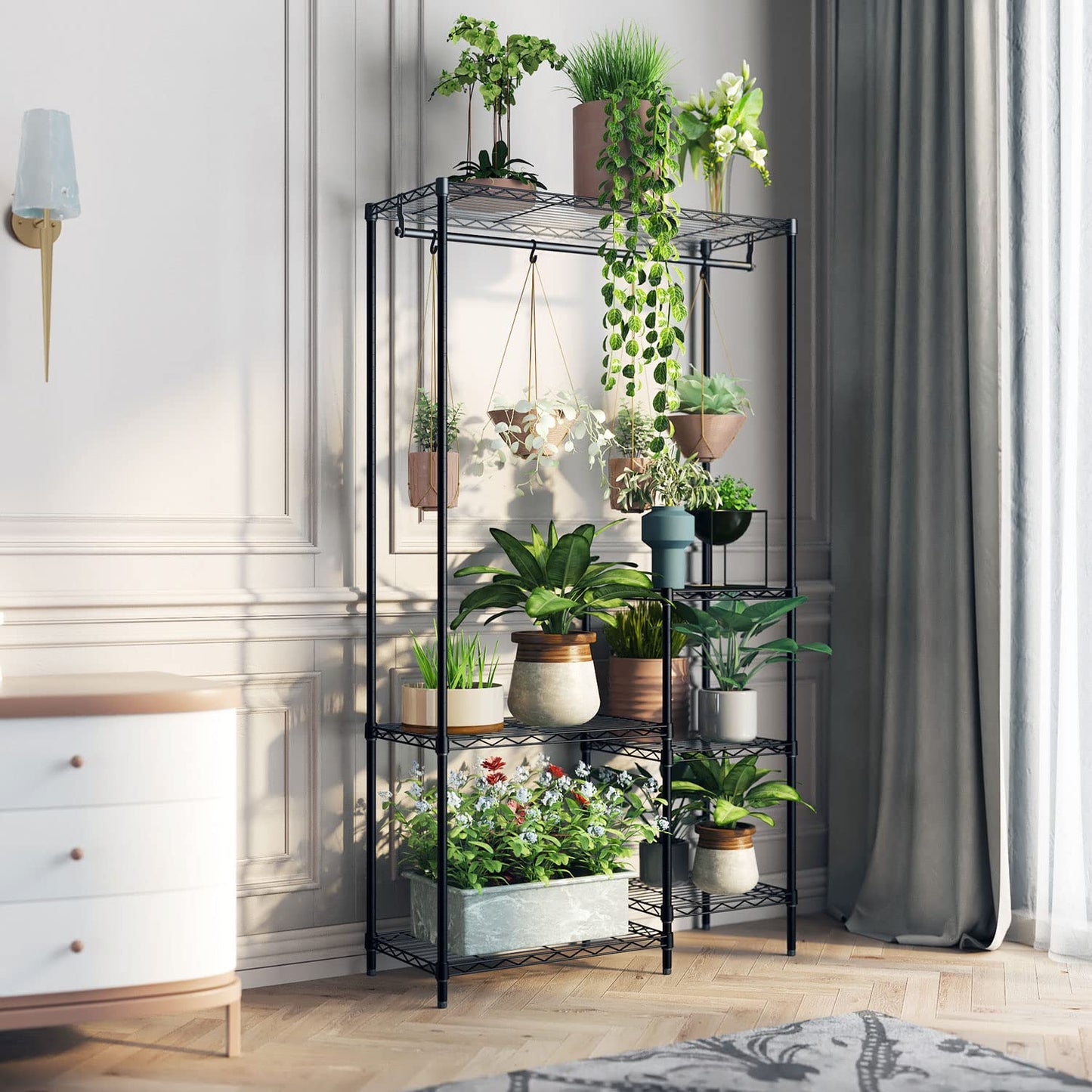 Xiofio Plant Stands for for Indoor Outdoor, Heavy Duty Metal Plant Stand,large Plant Shelf,Adjustable Plant Shelves With Hanging Rod for Living Room,Balcony,Garden,Black
