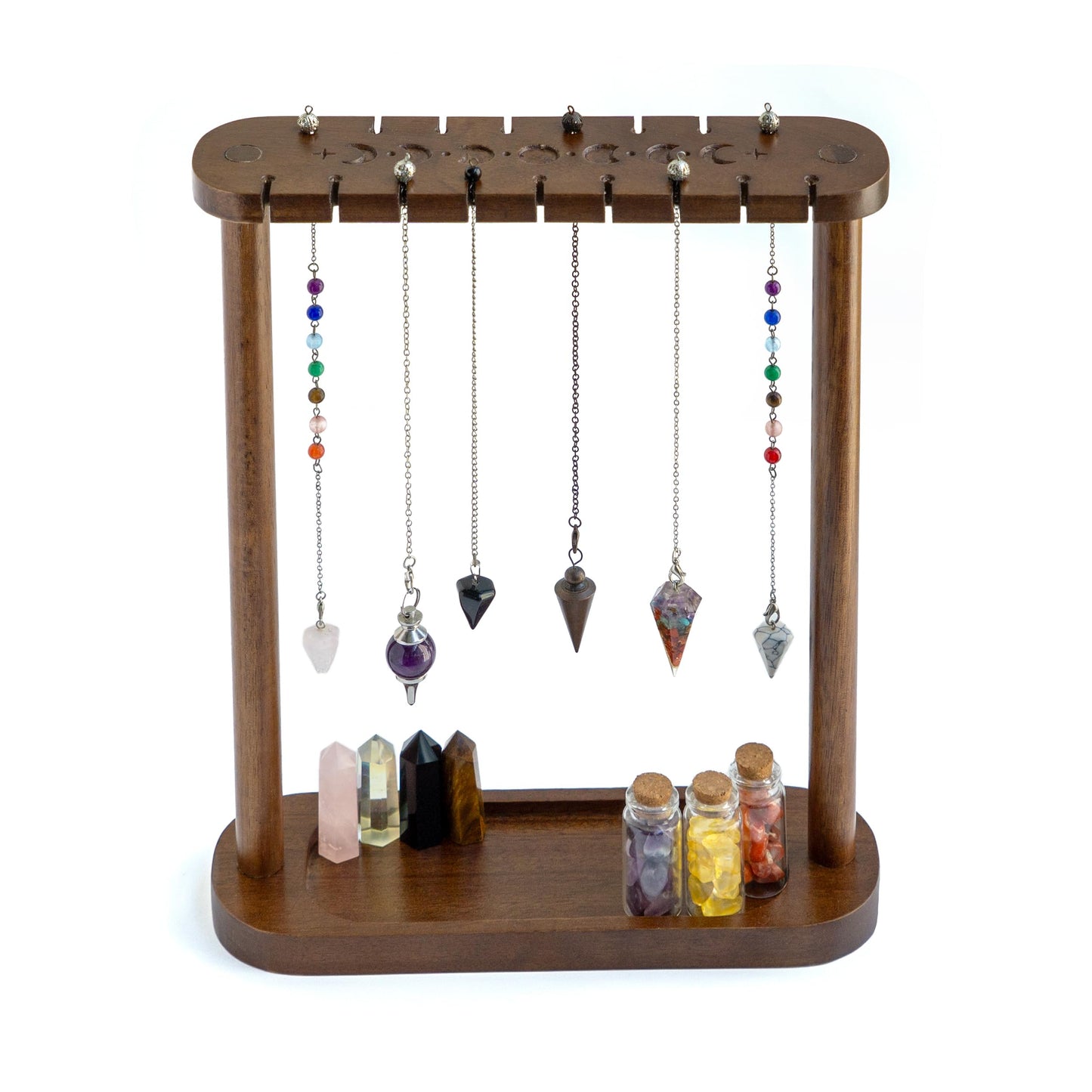 Kihomi Pendulum Display Stand with Tray - Wooden Necklace Stand, Crystal holder for 17 Pendulums and Pendants - Aesthetic Witchy Decor, Witchcraft and Wiccan Supplies for Your Spiritual Space (Brown)