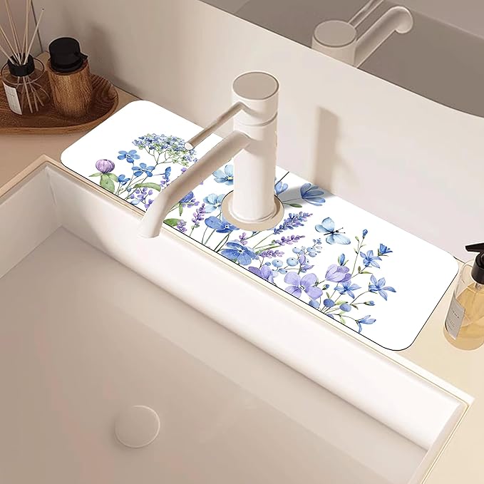 Watercolor Floral Butterfly Sink Faucet Absorbing Mat Sink Splash Guard Faucet
