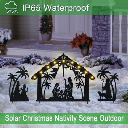 Hokfirm Solar Nativity Scene Outdoor,3Pack Lighted Outdoor Christmas Decorations,Metal Silhouette Nativity Set Outside for Yard Garden Stake