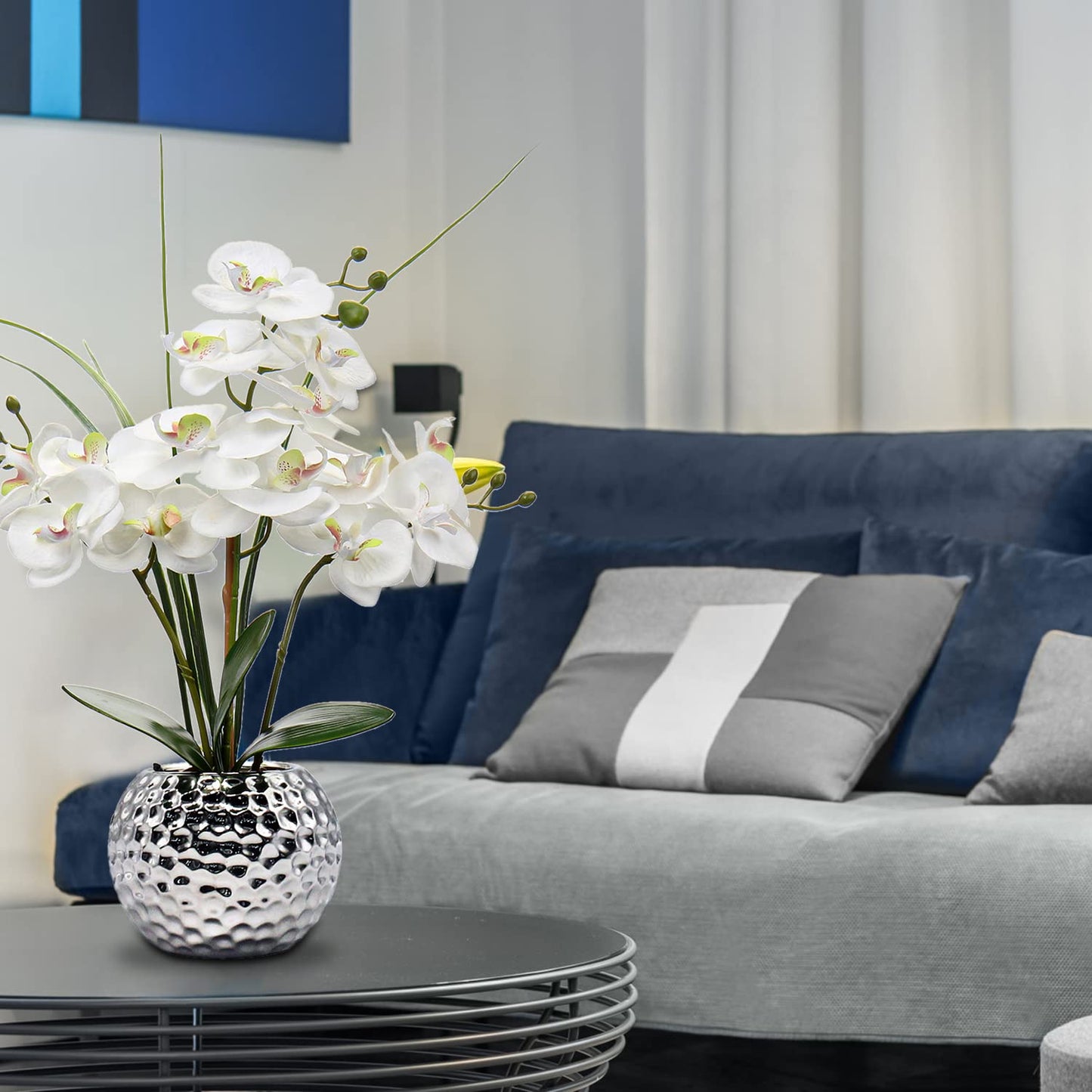 Oairse Artificial White Phalaenopsis Orchid Flower Arrangements 20.8" Faux Orchid Flower in Silver Pot Orchid Centerpiece for Dining Room Table