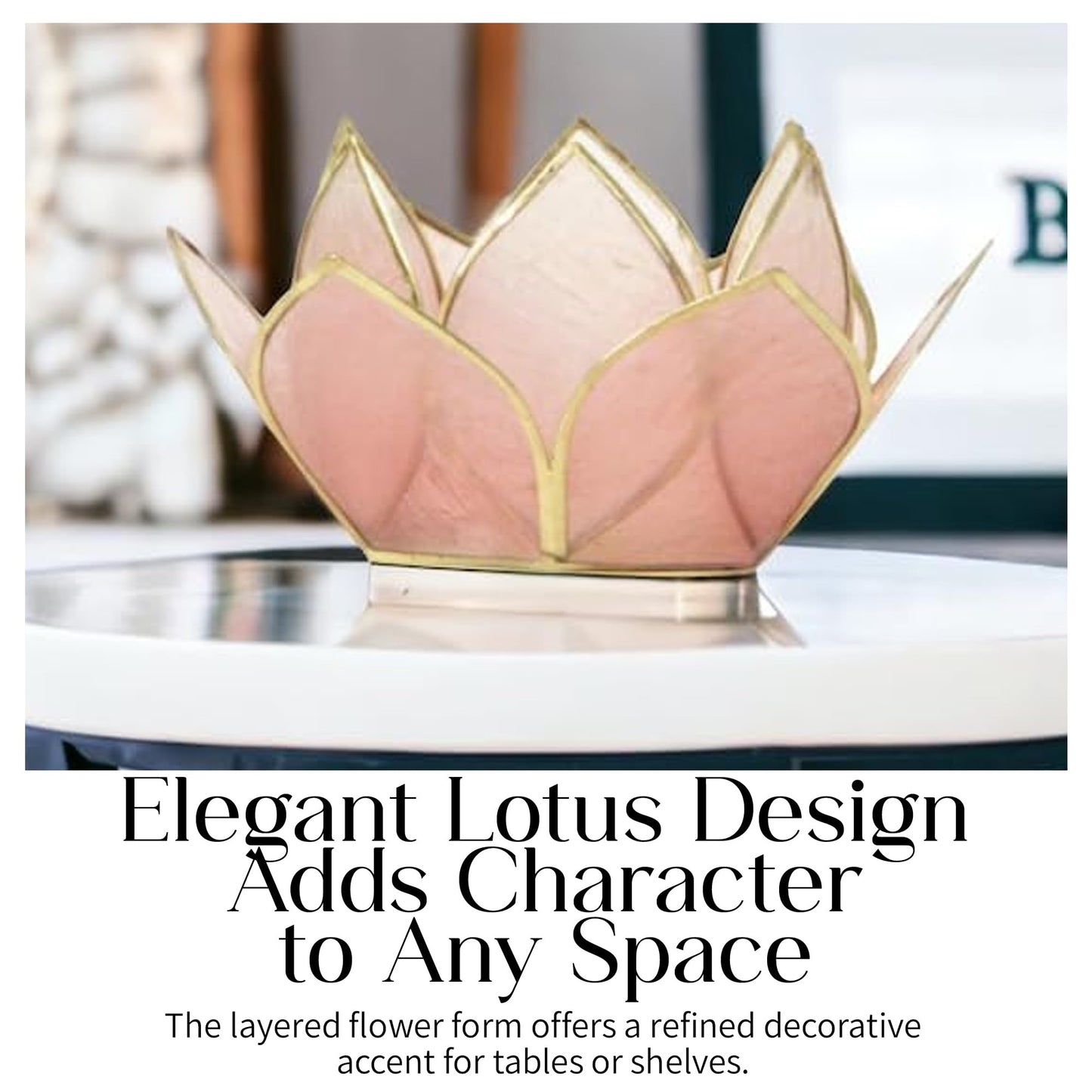 Om Gallery Mini Gemstone Lotus Tealight Holder - Handcrafted Capiz Shell Design for Soft Glow, Elegant Home & Table Decor, Wedding Centerpiece, Votive Candle Styling & Thoughtful Gifting - Rose Quartz