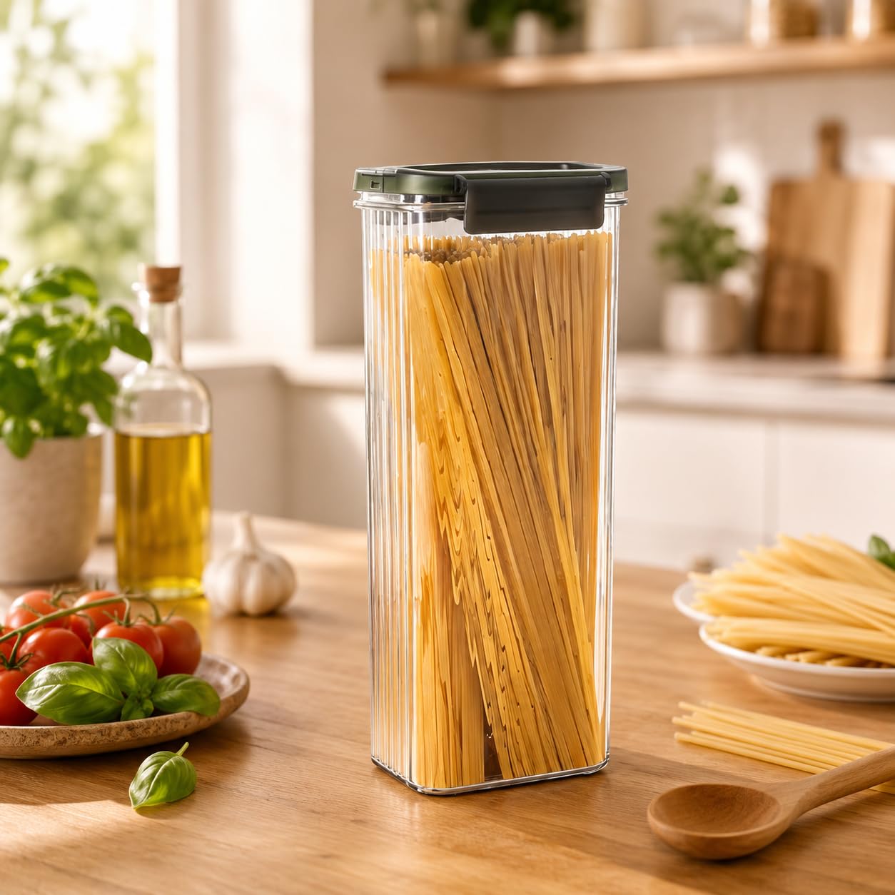 Plastic Pasta Containers, Spaghetti Container Storage, 74oz Set of 3 with Easy-Seal Lid, Pasta Storage Containers, Airtight Square Food Storage Jars for Spaghetti, Pasta, Flour, Oats, Cereal.