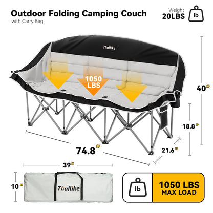 Thallike Double Camping Chair – 2-3 Person Outdoor Folding Sofa with Cup & Wine Glass Holders – Oversized Loveseat Camping Couch for Campfire, RV, Backyard – Supports Up to 1050 lbs