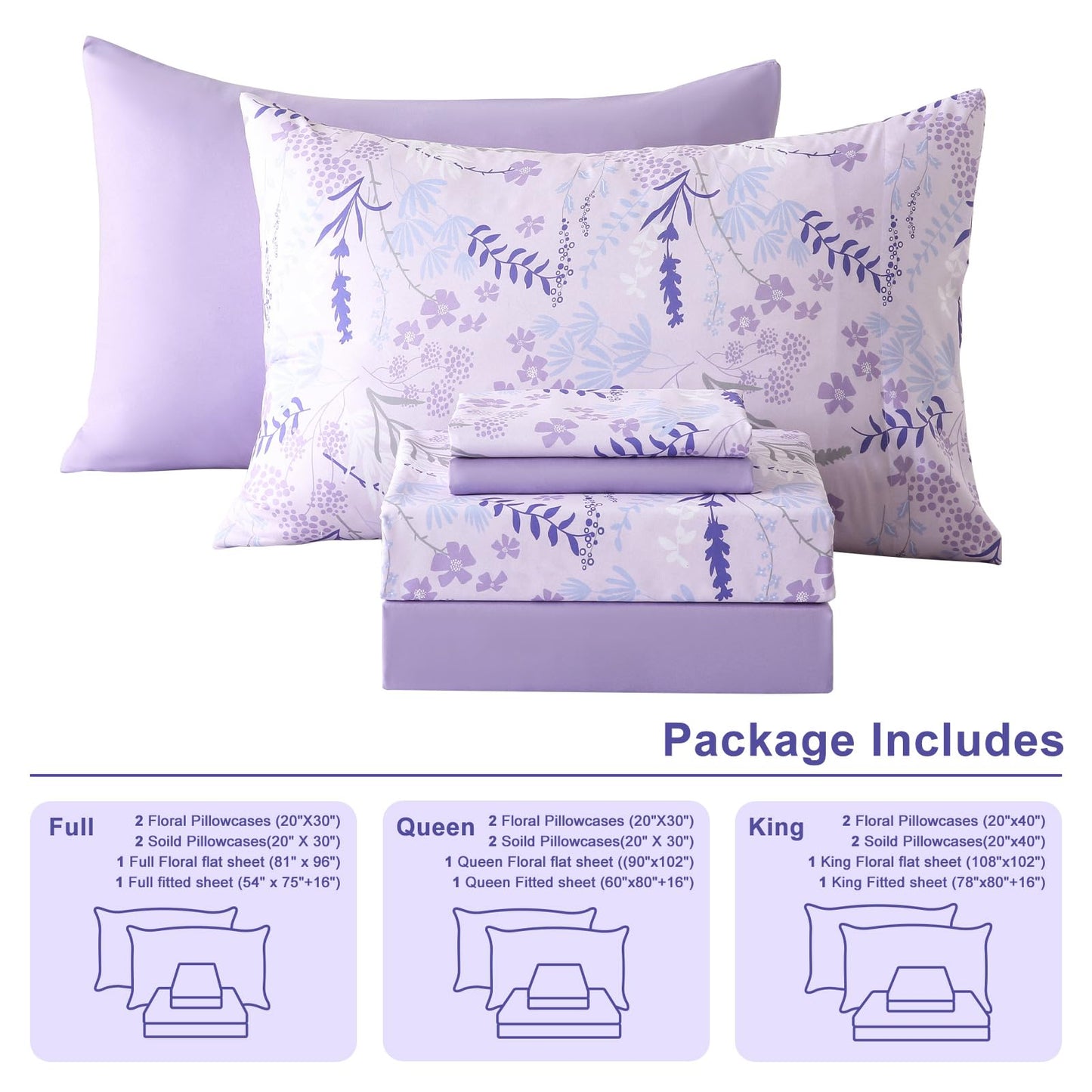 Botanical 6-Piece Full Size Sheets Set, Boho Floral Print Brushed Microfiber Sheets, Cooling Bed Sheet Set, Ultra Soft & Breathable, 16' Deep Pocket Fitted Sheet & Pillowcase Set, Purple Floral