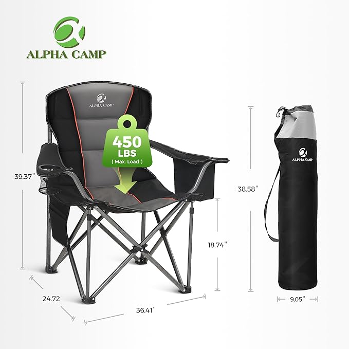 ALPHA CAMP Heavy Duty Camping Chair 500LBS Capacity, Oversized Folding Chair for Heavy People, Padded Portable Outdoor Chair with Cooler Bag & Cup Holder for Camping, Fishing, Beach