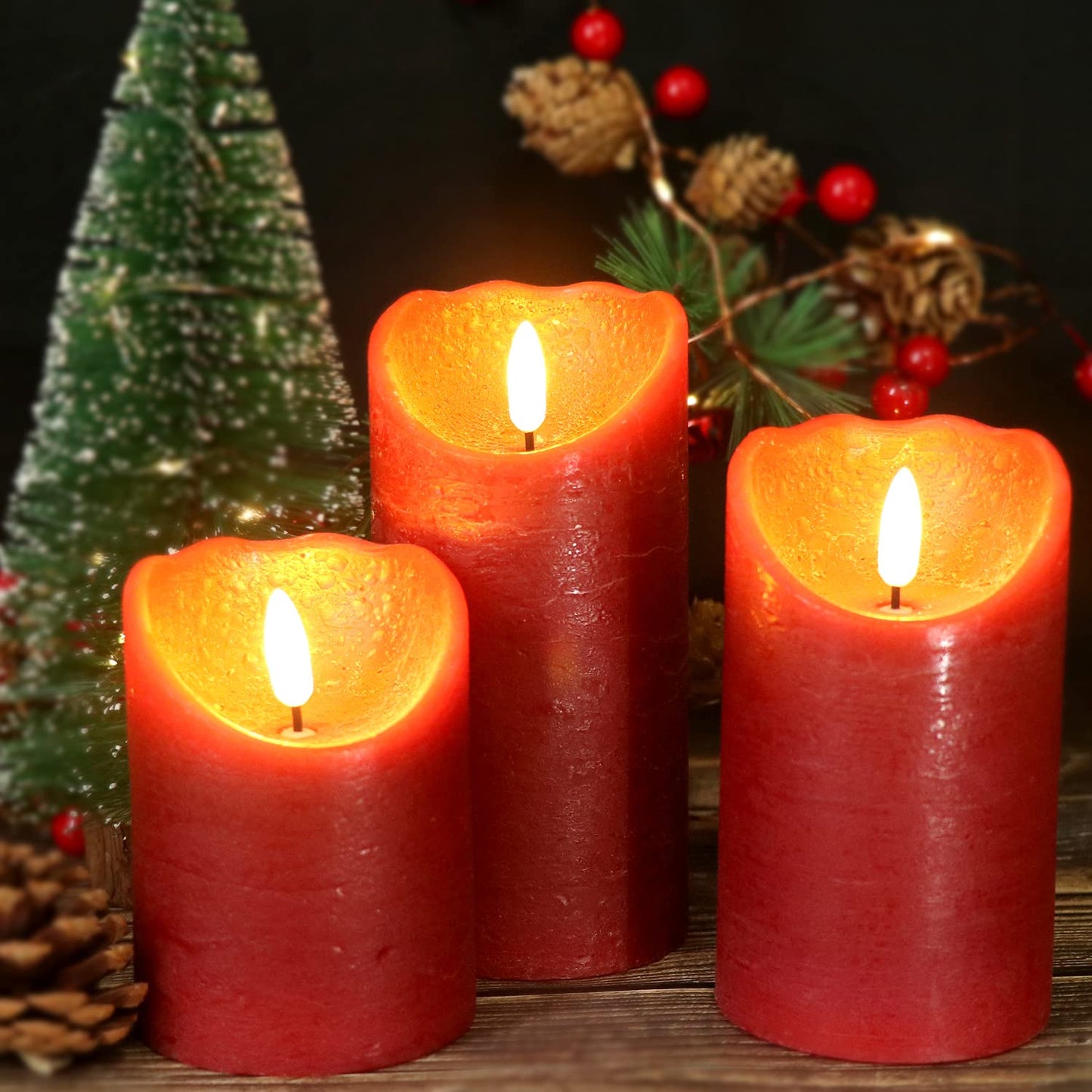 Wondise Red Flameless Candles Battery Operated with Timer, 3D Wick Real Wax LED Red Pillar Candles for Home Decoration, Set of 3(3 x 4/5/6 Inches)