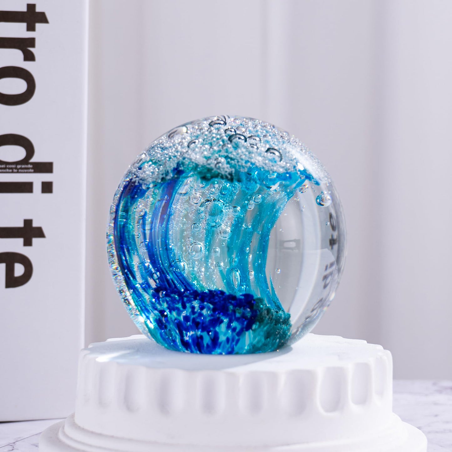 QIANCHANG 3.15" Ocean Wave Art Glass Paperweight, Hand Blown Glass Figurines Collectibles, Ocean Waves Decor Coastal Beach Themed Gifts