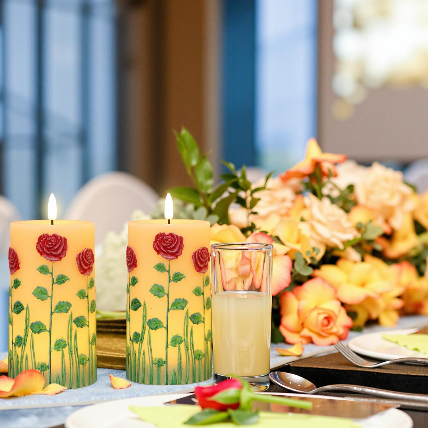 Kunswenn Flameless Candles with Embossed Rose, Battery Operated Pillar Candles with 6H Timer, Real Wax LED Flickering Candle with Flickering Flame for Wedding Holiday Decorations(Set Of 2, D3”x H6.5”)