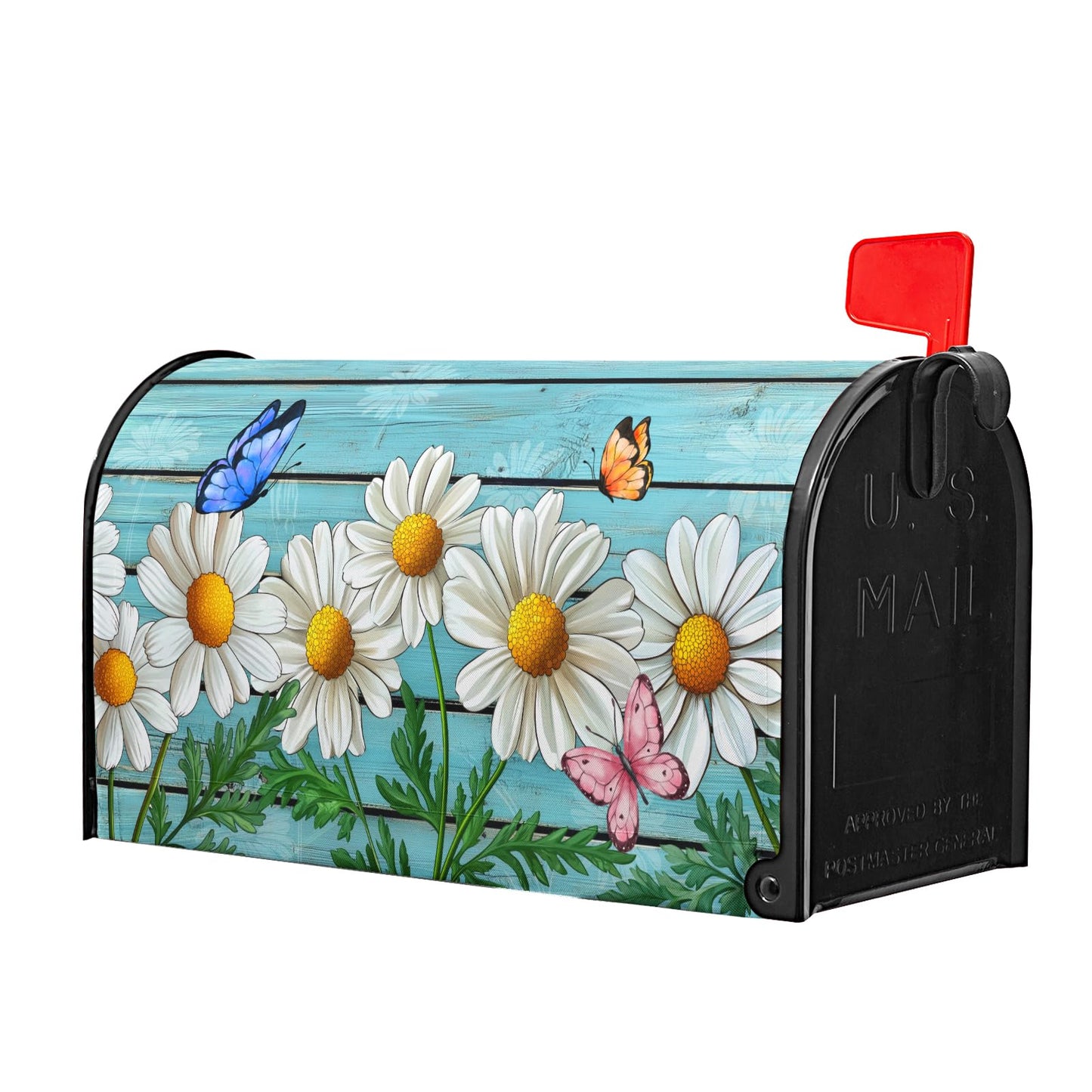 Rustic Spring Summer Daisy Mailbox Covers Magnetic Large Size Spring Teal Old Wood Board Magnetic Mailbox Covers Daisy Floral Mailbox Wrap Post Letter Box Cover for Garden Yard Decor 25x21 Inch