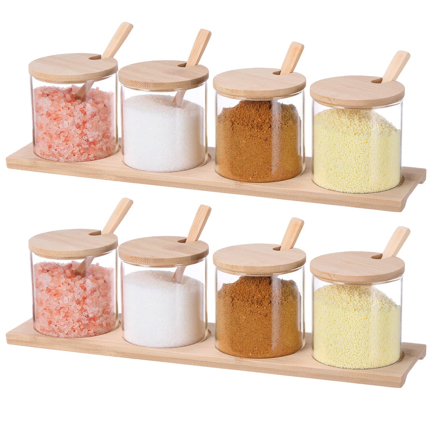 Zubebe 8 Pcs 10 oz Clear Glass Seasoning Jar with Wooden Lid and Spoon Adorable Sugar Condiment Jar Canisters Pot Set Bath Salt Sugar Storage Container Box for Home Cafe Kitchen